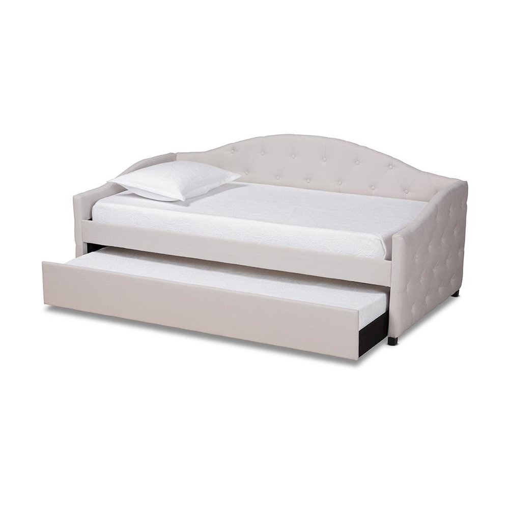 Transitional Beige Fabric Upholstered Twin Size Daybed with Trundle