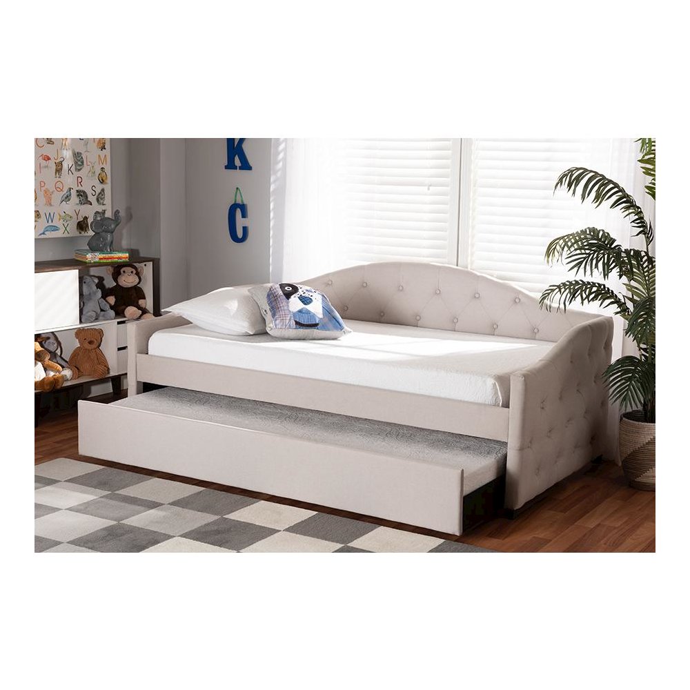 Transitional Beige Fabric Upholstered Twin Size Daybed with Trundle