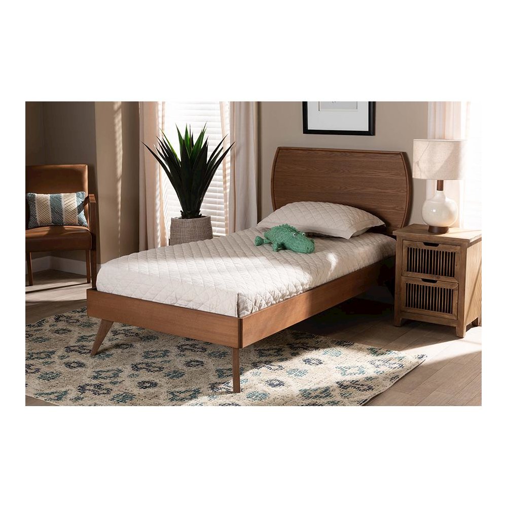 Aimi Mid-Century Modern Walnut Brown Finished Wood Twin Size Platform Bed