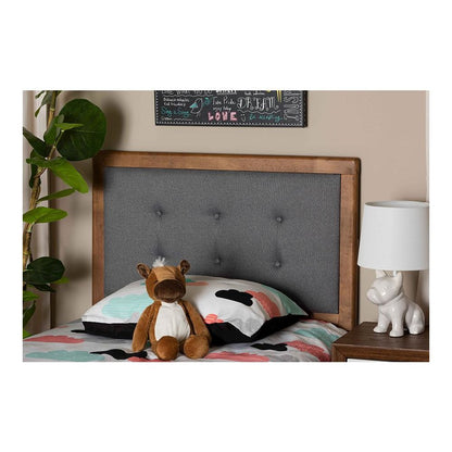 Dark Grey Fabric Upholstered and Walnut Brown Finished Wood Twin Size Headboard