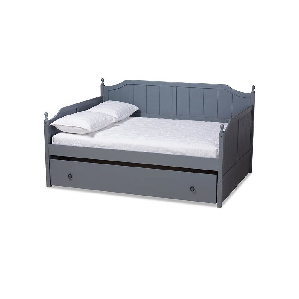 Grey Finished Wood Full Size Daybed with Twin Size Trundle
