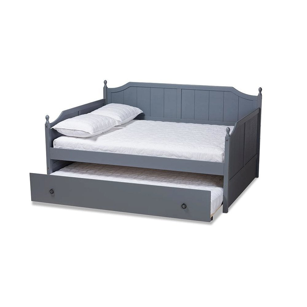 Grey Finished Wood Full Size Daybed with Twin Size Trundle