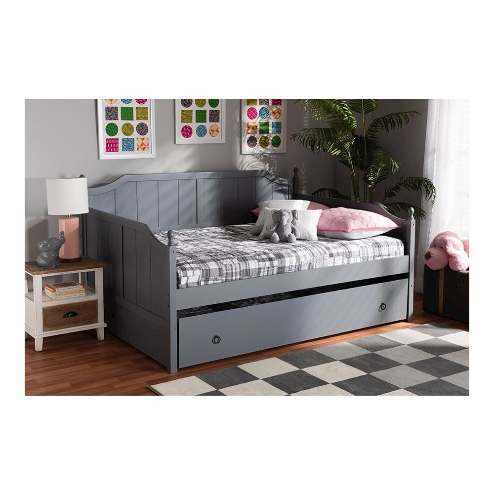 Grey Finished Wood Full Size Daybed with Twin Size Trundle