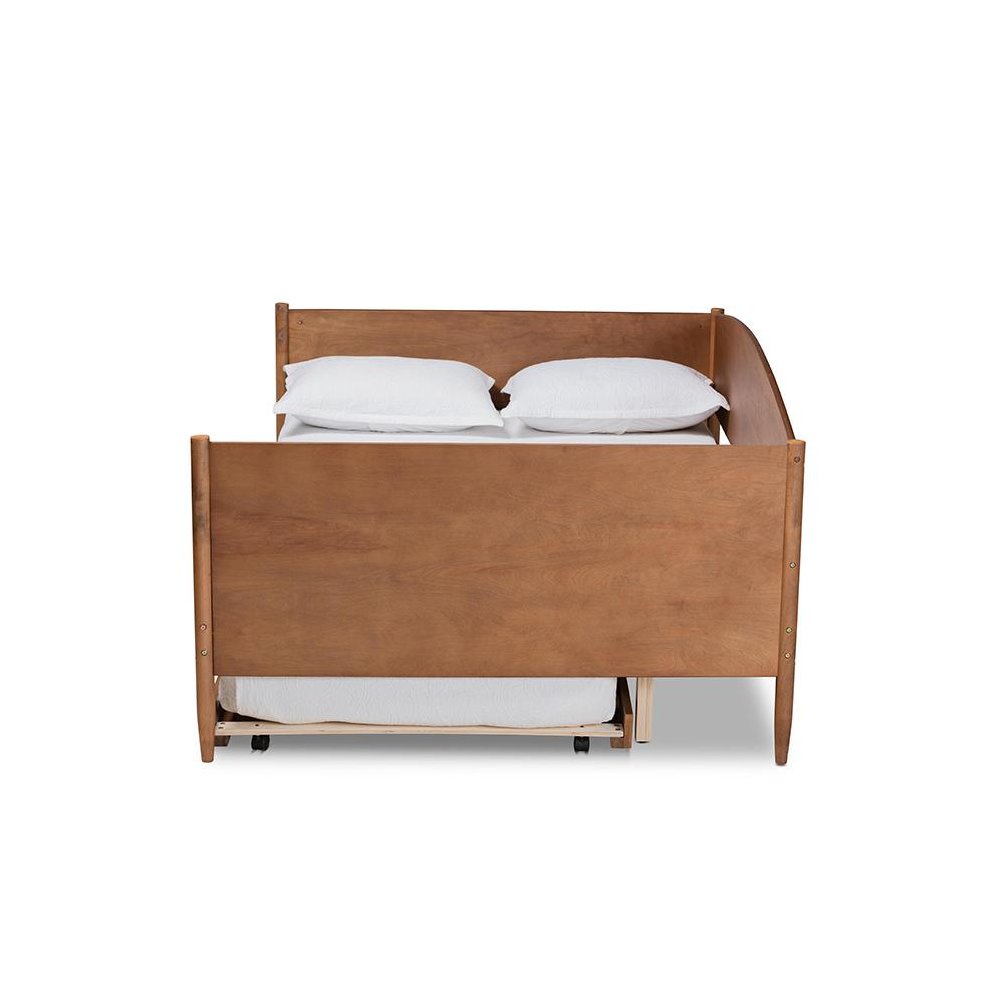 Veles Mid-Century Modern Ash Walnut Finished Wood Full Size Daybed with Trundle