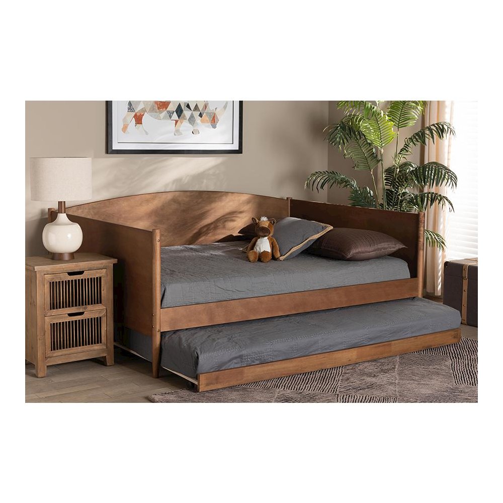 Veles Mid-Century Modern Ash Walnut Finished Wood Full Size Daybed with Trundle