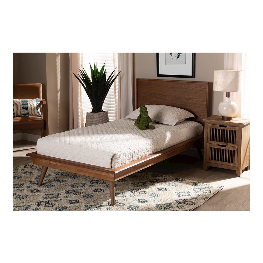 Karine Mid-Century Modern Walnut Brown Finished Wood Twin Size Platform Bed