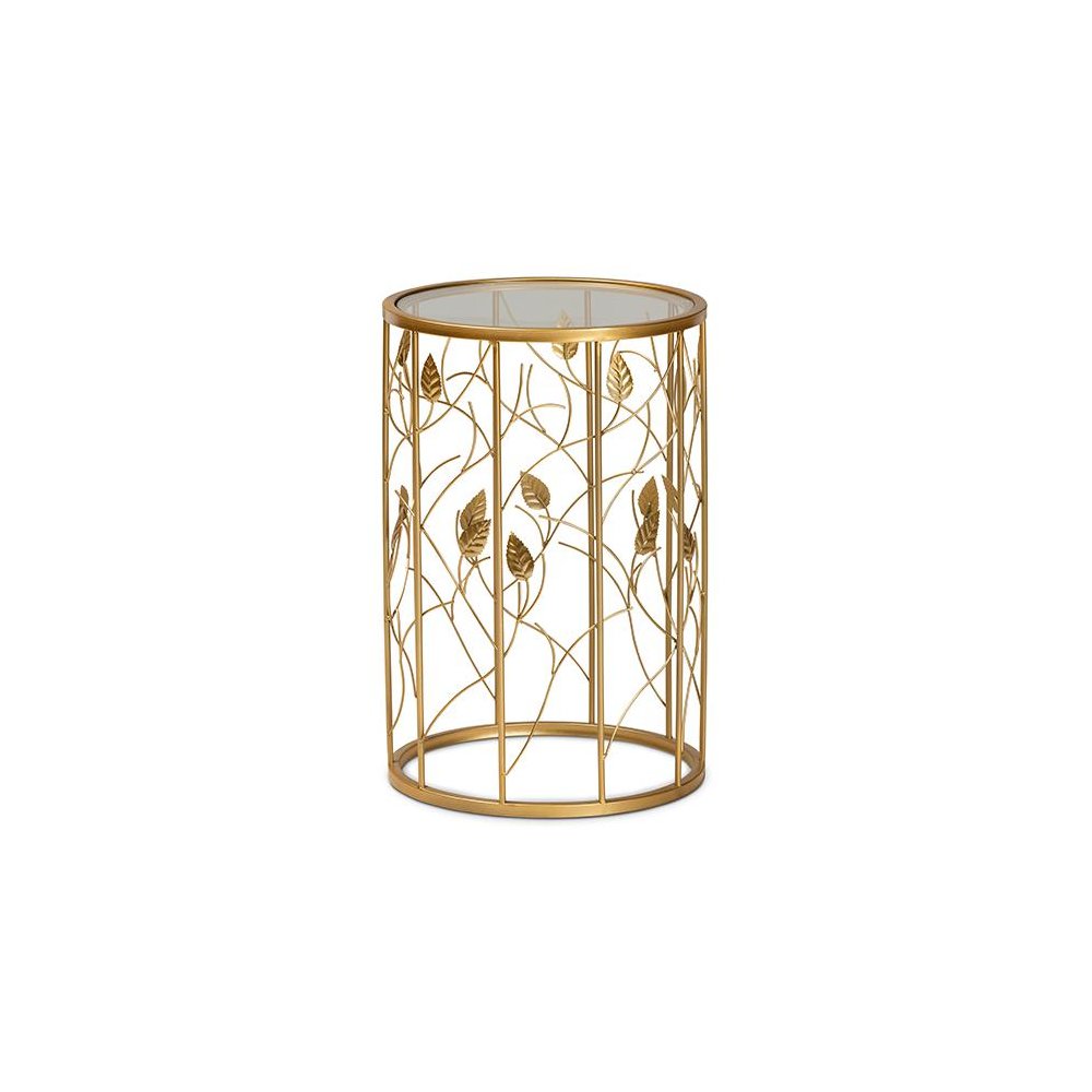 Glam Brushed Gold Finished Metal and Glass Leaf Accent End Table