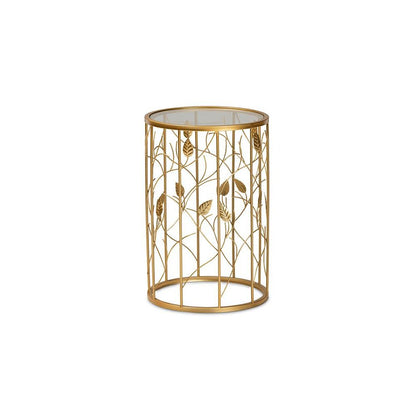 Glam Brushed Gold Finished Metal and Glass Leaf Accent End Table