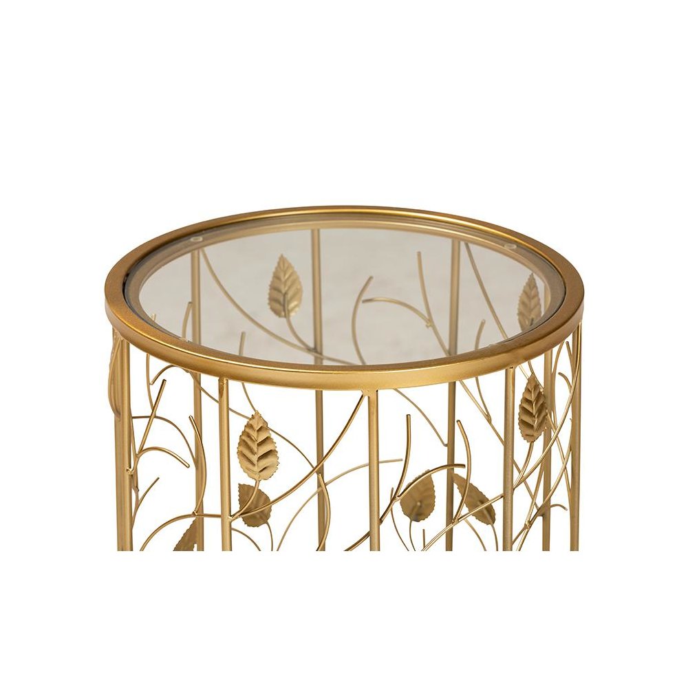 Glam Brushed Gold Finished Metal and Glass Leaf Accent End Table