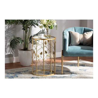 Glam Brushed Gold Finished Metal and Glass Leaf Accent End Table
