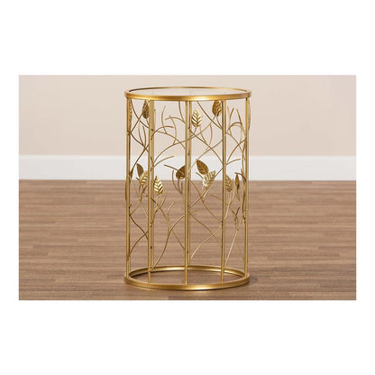 Glam Brushed Gold Finished Metal and Glass Leaf Accent End Table