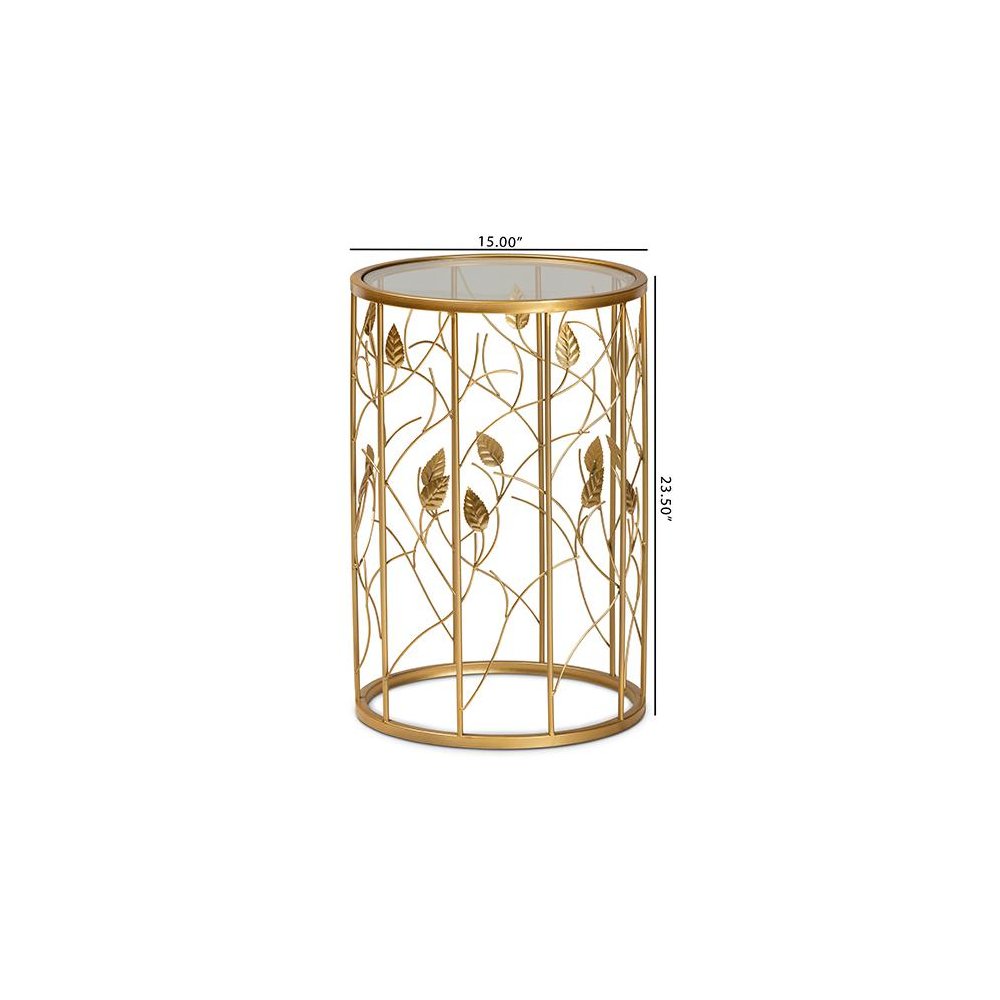 Glam Brushed Gold Finished Metal and Glass Leaf Accent End Table