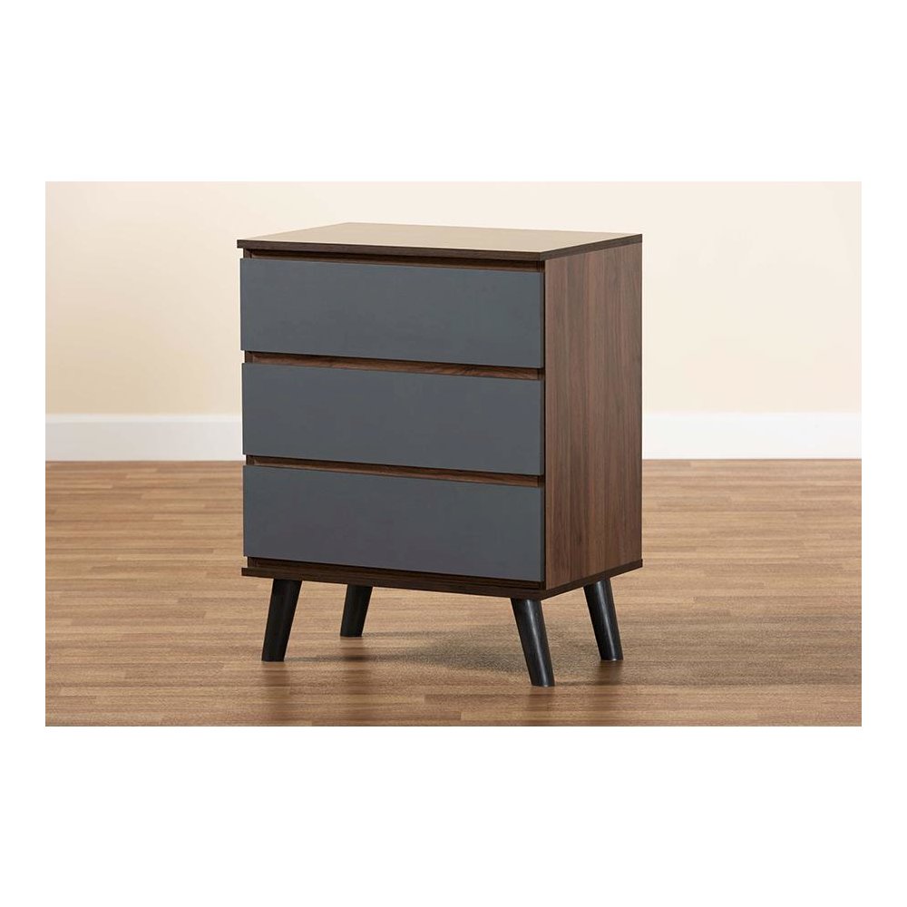 Two-Tone Walnut and Grey Finished Wood 3-Drawer Bedroom Chest