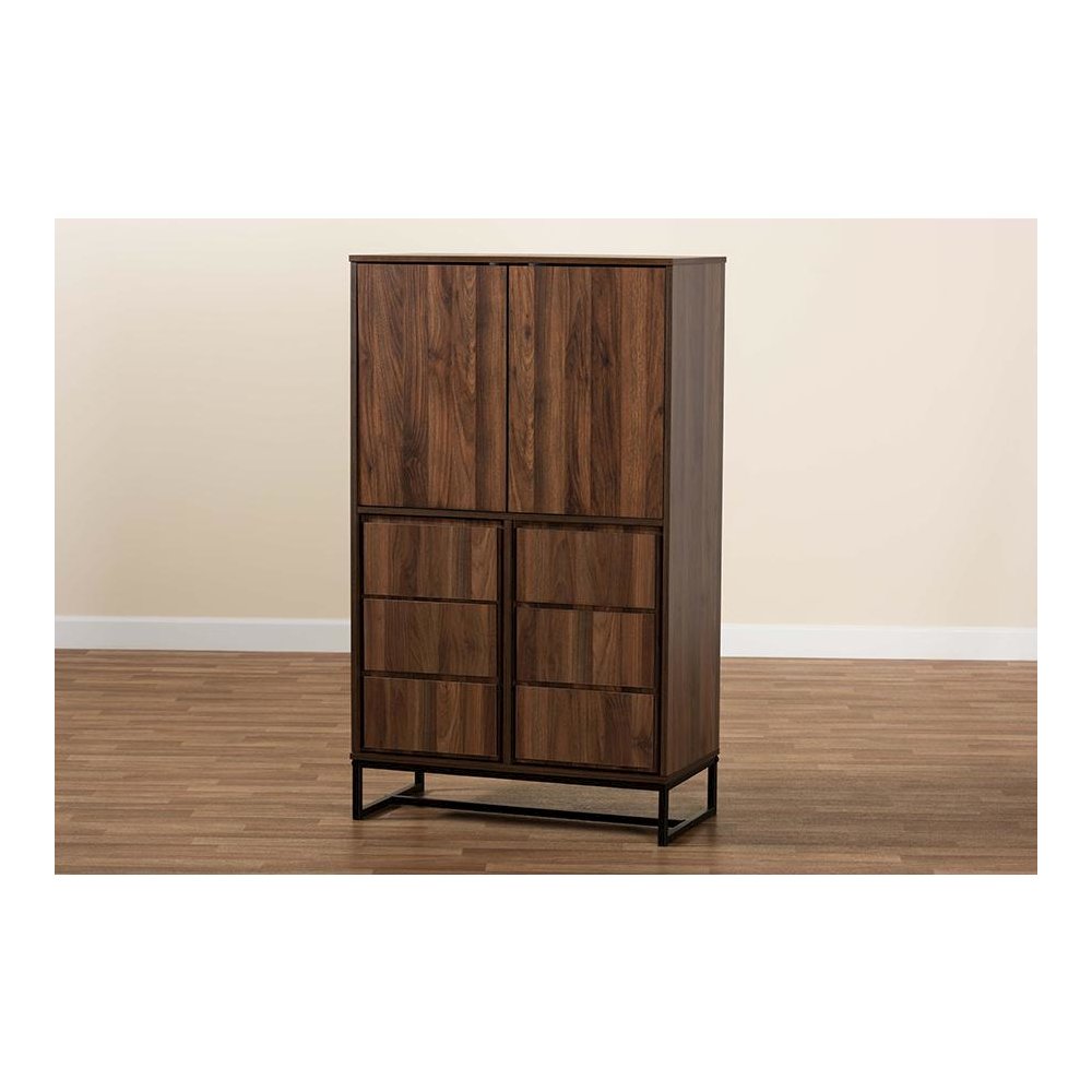 Walnut Brown Finished Wood and Black Finished Metal Multipurpose Storage Cabinet