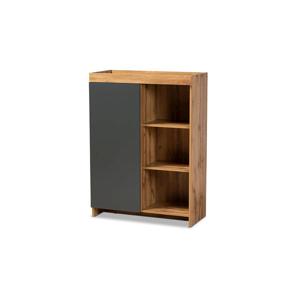 Two-Tone Grey and Oak Brown Finished Wood Shoe Cabinet