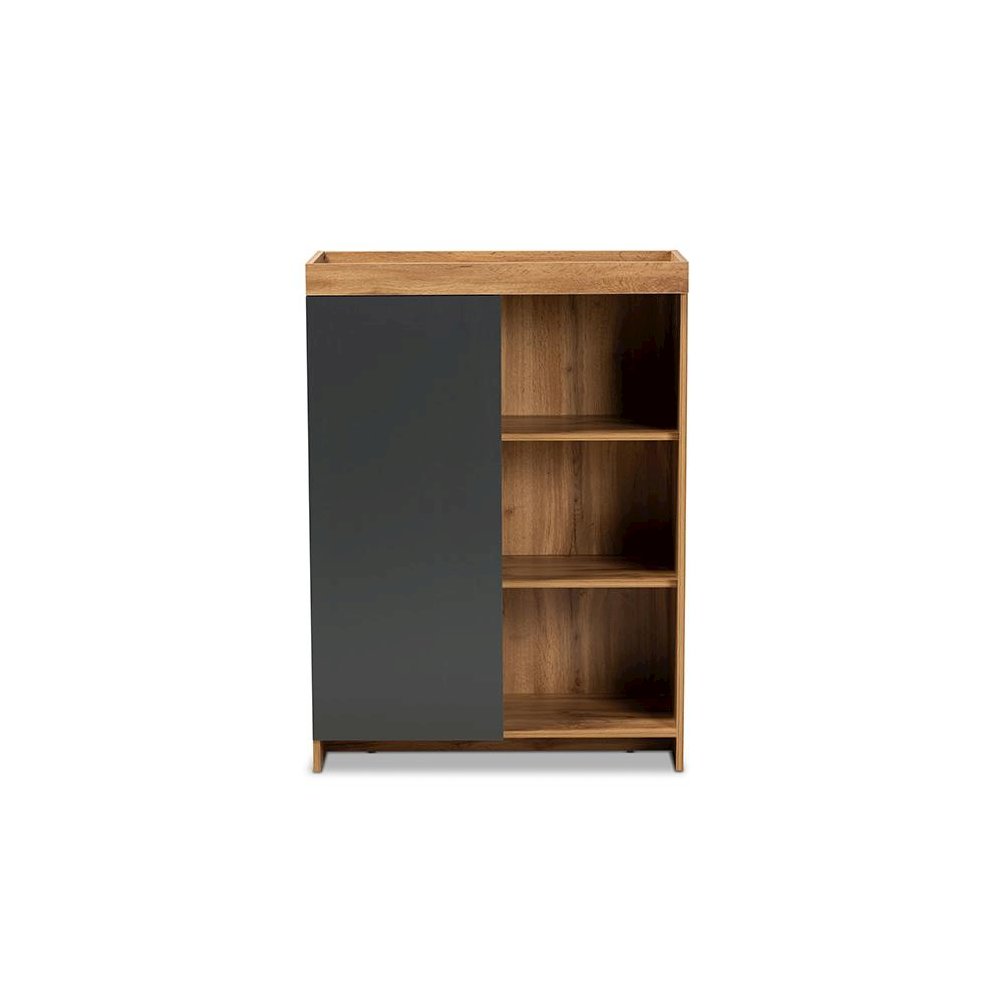 Two-Tone Grey and Oak Brown Finished Wood Shoe Cabinet