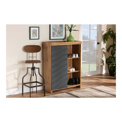 Two-Tone Grey and Oak Brown Finished Wood Shoe Cabinet