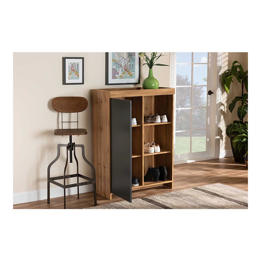 Two-Tone Grey and Oak Brown Finished Wood Shoe Cabinet
