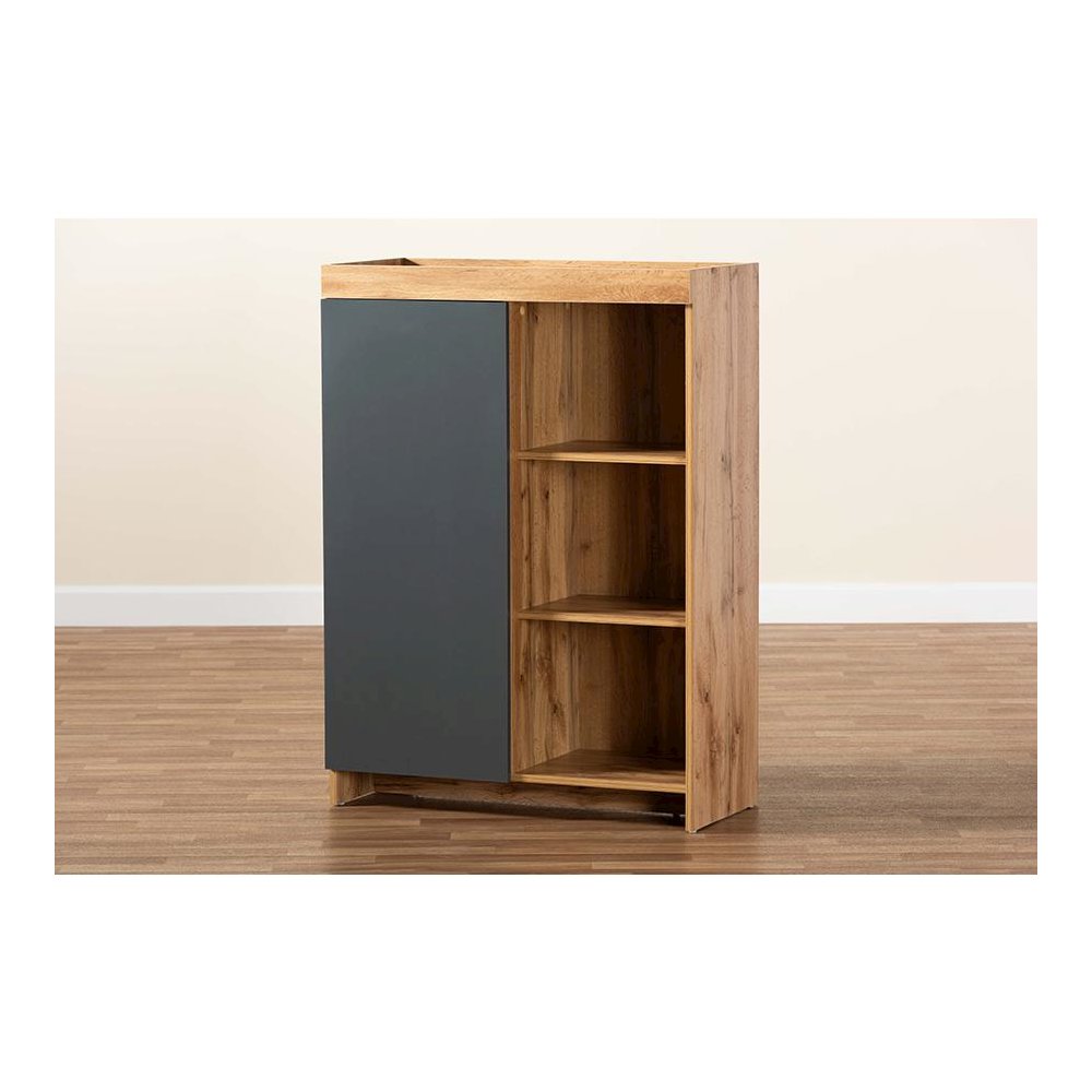 Two-Tone Grey and Oak Brown Finished Wood Shoe Cabinet