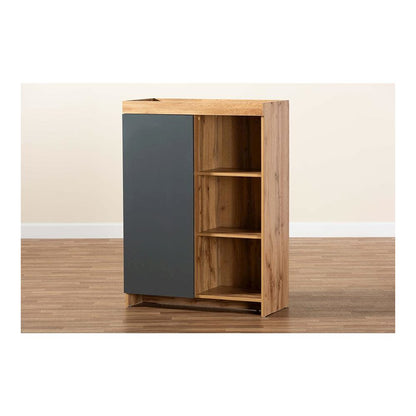 Two-Tone Grey and Oak Brown Finished Wood Shoe Cabinet