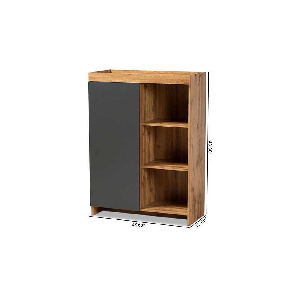 Two-Tone Grey and Oak Brown Finished Wood Shoe Cabinet