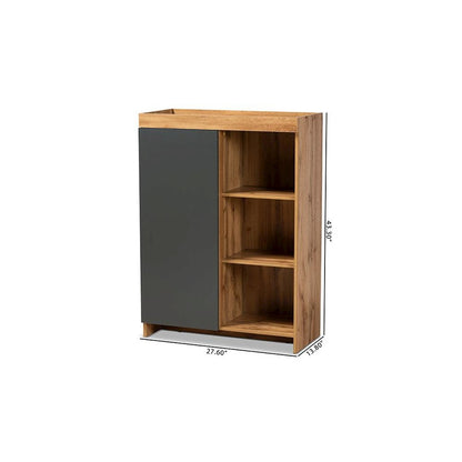Two-Tone Grey and Oak Brown Finished Wood Shoe Cabinet