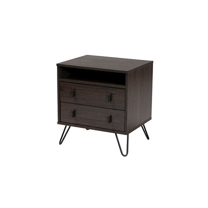 Dark Brown Finished Wood and Black Metal 2-Drawer Nightstand