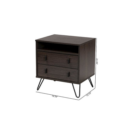 Dark Brown Finished Wood and Black Metal 2-Drawer Nightstand