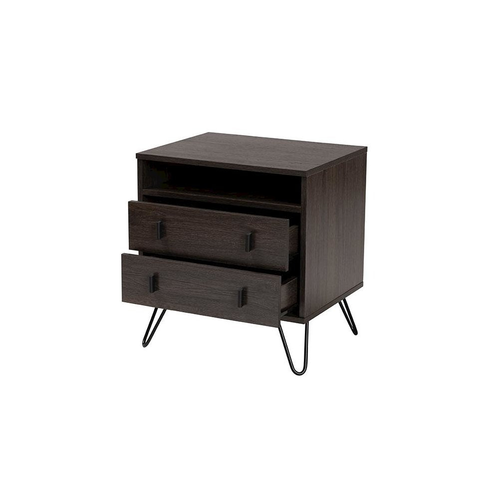Dark Brown Finished Wood and Black Metal 2-Drawer Nightstand