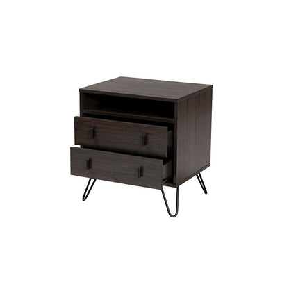 Dark Brown Finished Wood and Black Metal 2-Drawer Nightstand