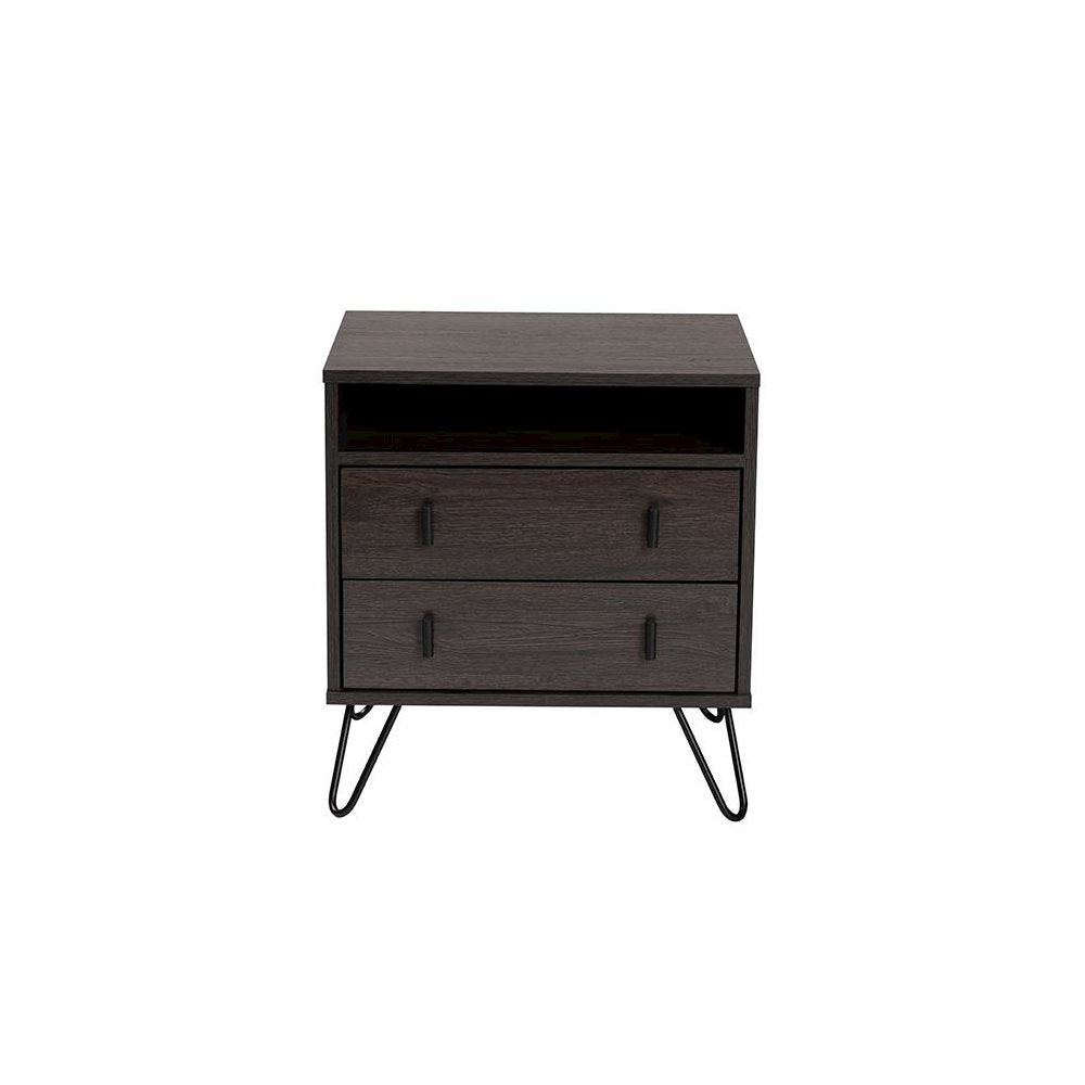 Dark Brown Finished Wood and Black Metal 2-Drawer Nightstand