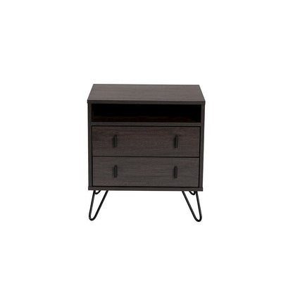 Dark Brown Finished Wood and Black Metal 2-Drawer Nightstand