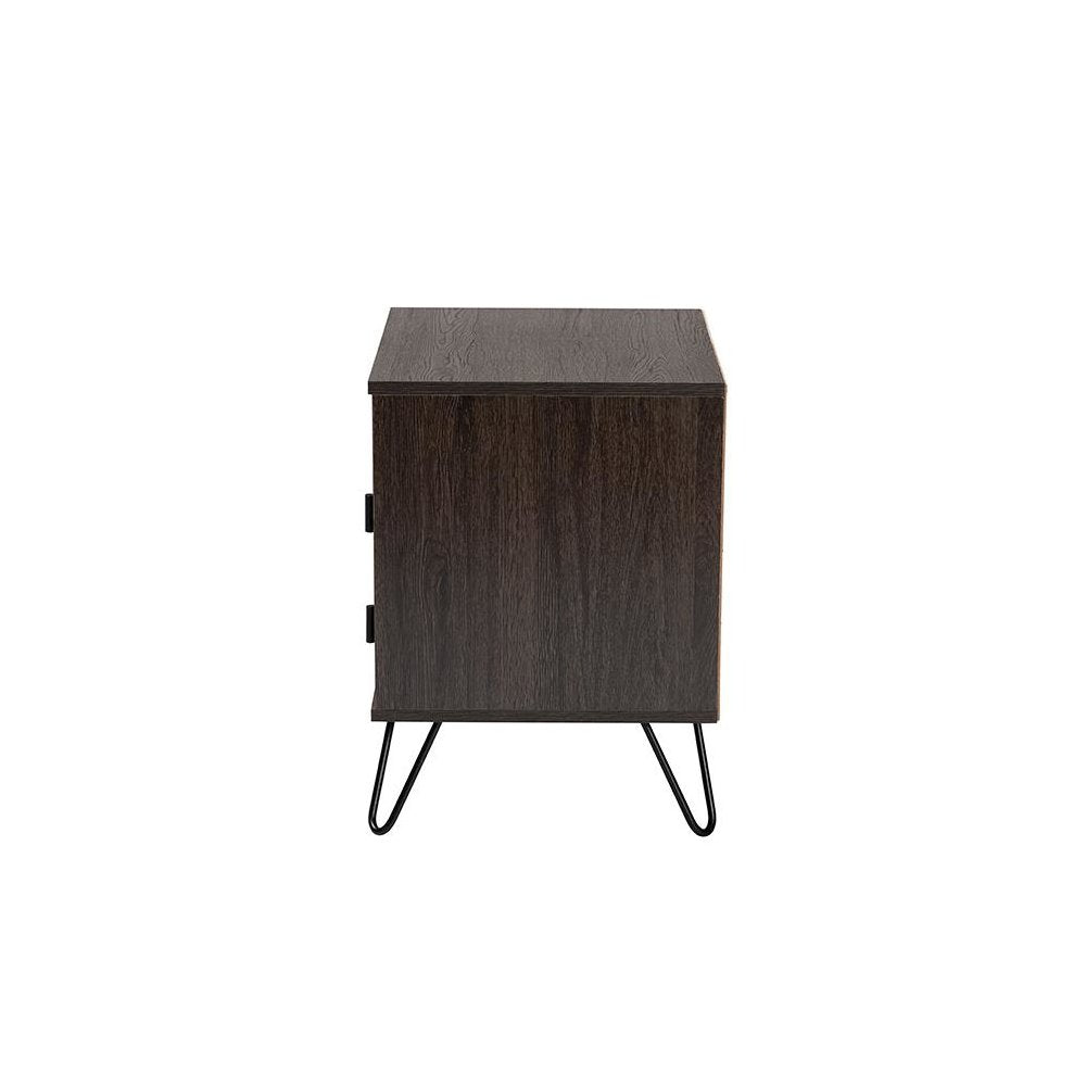 Dark Brown Finished Wood and Black Metal 2-Drawer Nightstand