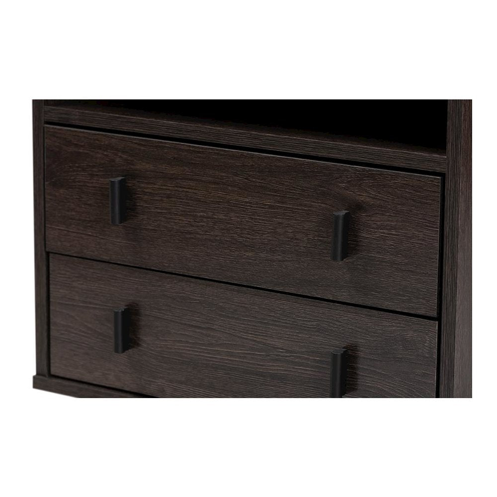Dark Brown Finished Wood and Black Metal 2-Drawer Nightstand