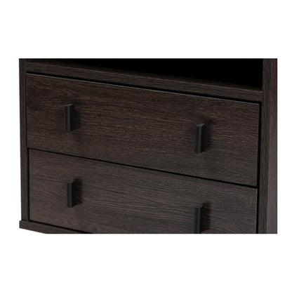 Dark Brown Finished Wood and Black Metal 2-Drawer Nightstand