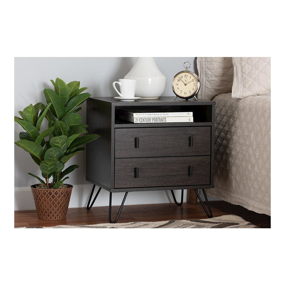 Dark Brown Finished Wood and Black Metal 2-Drawer Nightstand