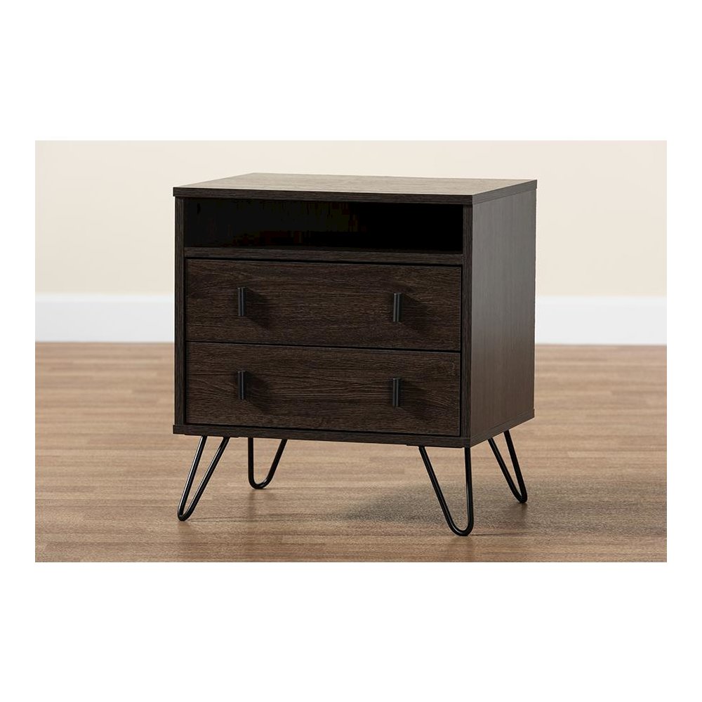 Dark Brown Finished Wood and Black Metal 2-Drawer Nightstand