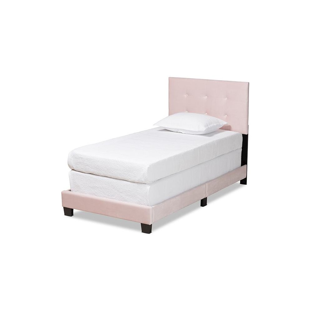 Glam Light Pink Velvet Fabric Upholstered Twin Size Panel Bed