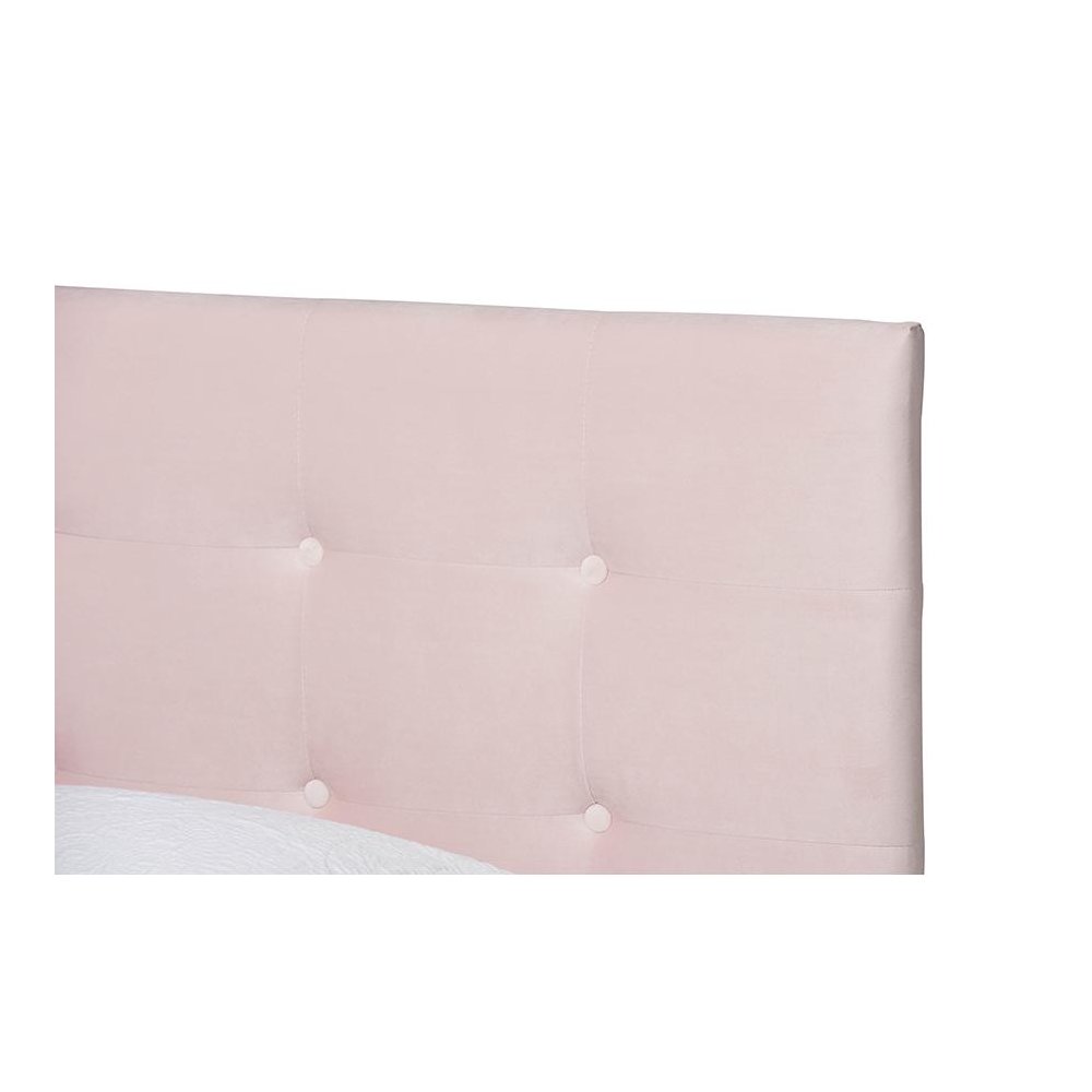 Glam Light Pink Velvet Fabric Upholstered Twin Size Panel Bed