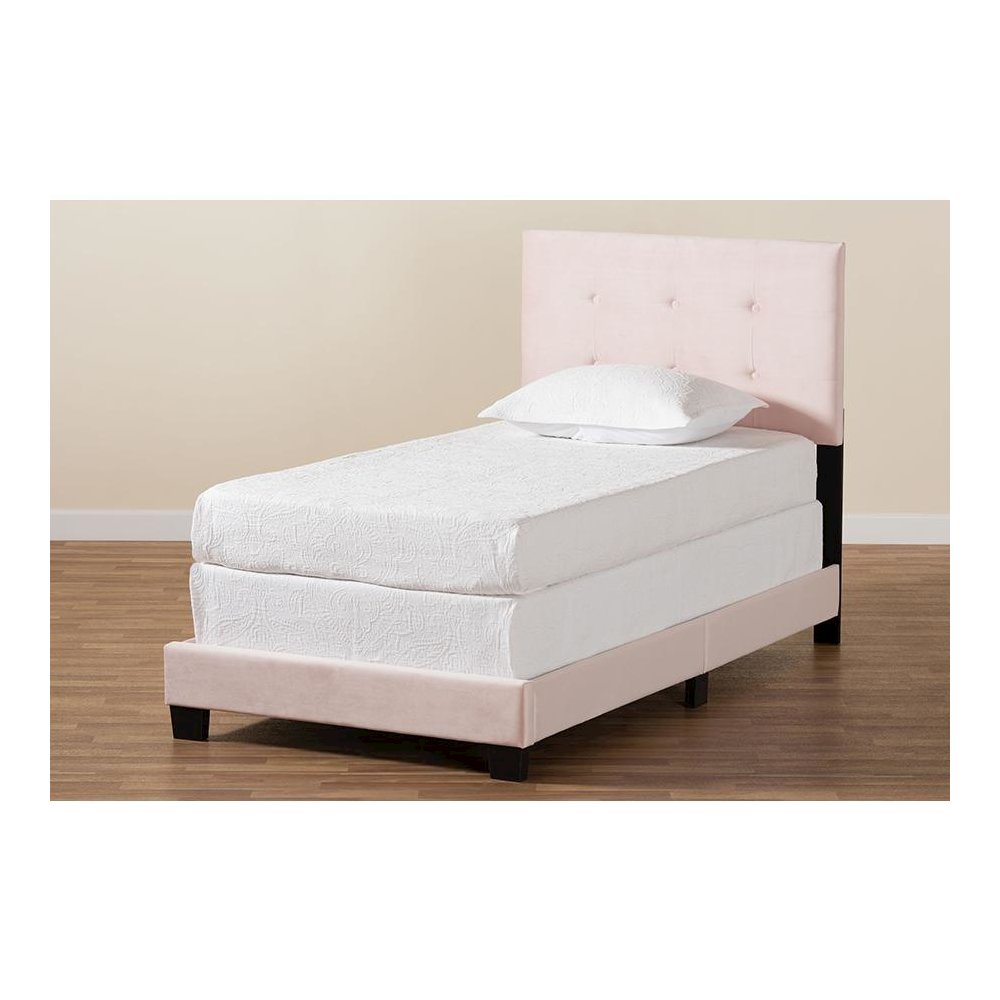 Glam Light Pink Velvet Fabric Upholstered Twin Size Panel Bed