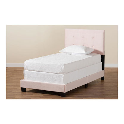 Glam Light Pink Velvet Fabric Upholstered Twin Size Panel Bed