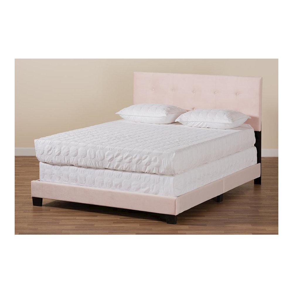 Glam Light Pink Velvet Fabric Upholstered Queen Size Panel Bed