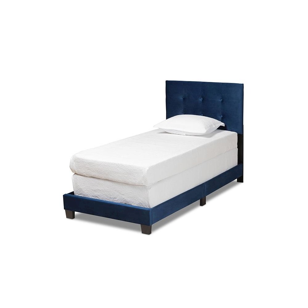 Glam Navy Blue Velvet Fabric Upholstered Twin Size Panel Bed