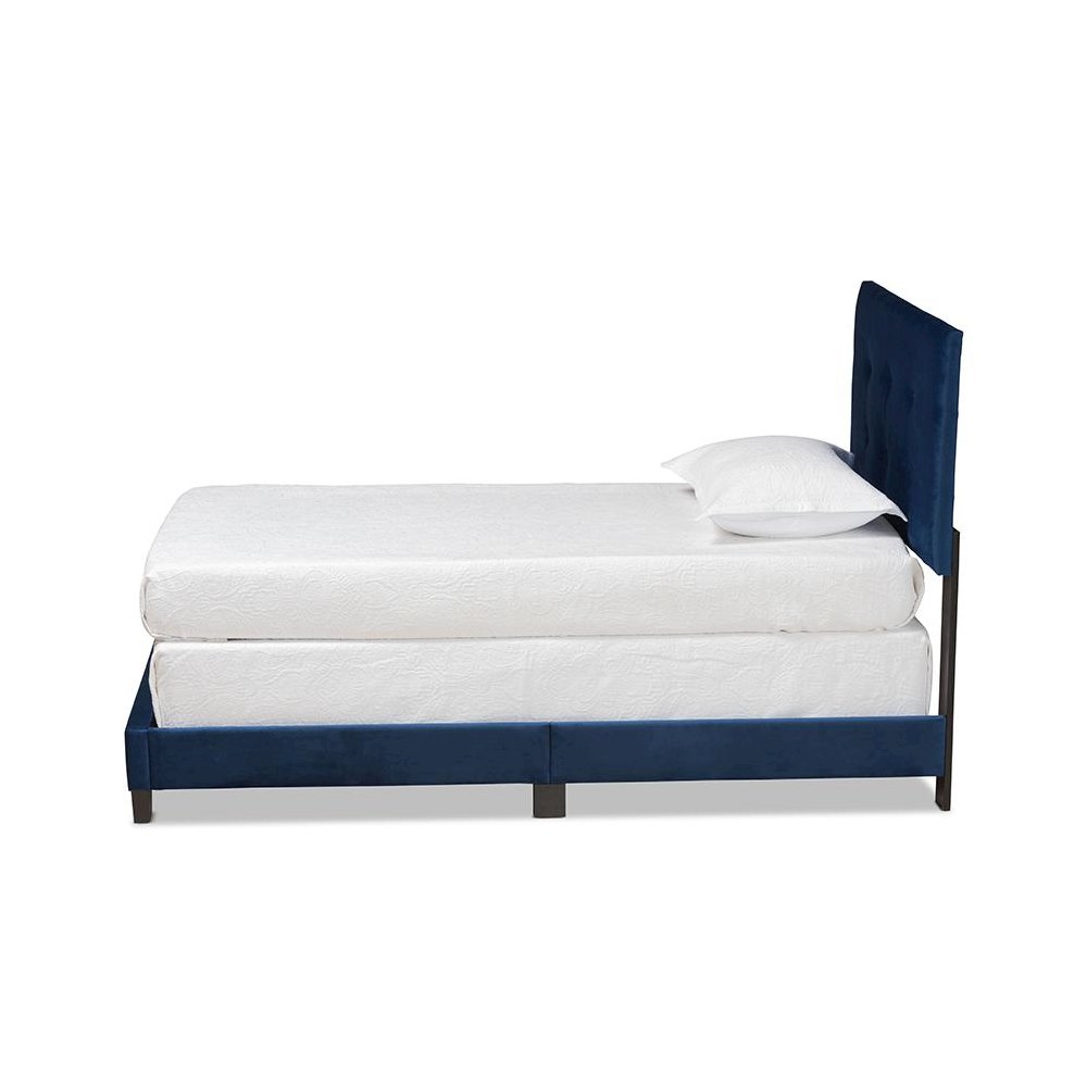 Glam Navy Blue Velvet Fabric Upholstered Twin Size Panel Bed
