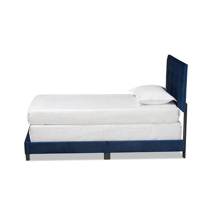 Glam Navy Blue Velvet Fabric Upholstered Twin Size Panel Bed