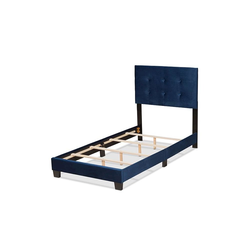 Glam Navy Blue Velvet Fabric Upholstered Twin Size Panel Bed