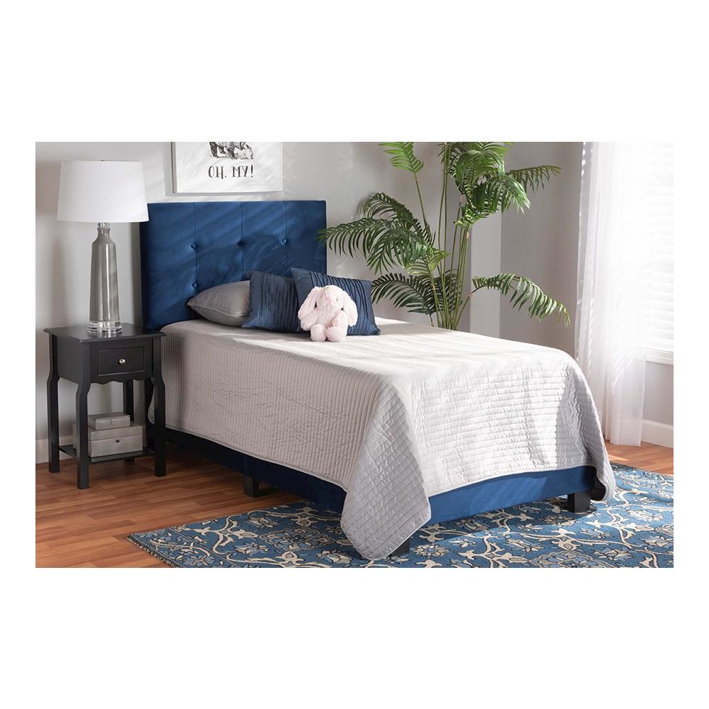 Glam Navy Blue Velvet Fabric Upholstered Twin Size Panel Bed