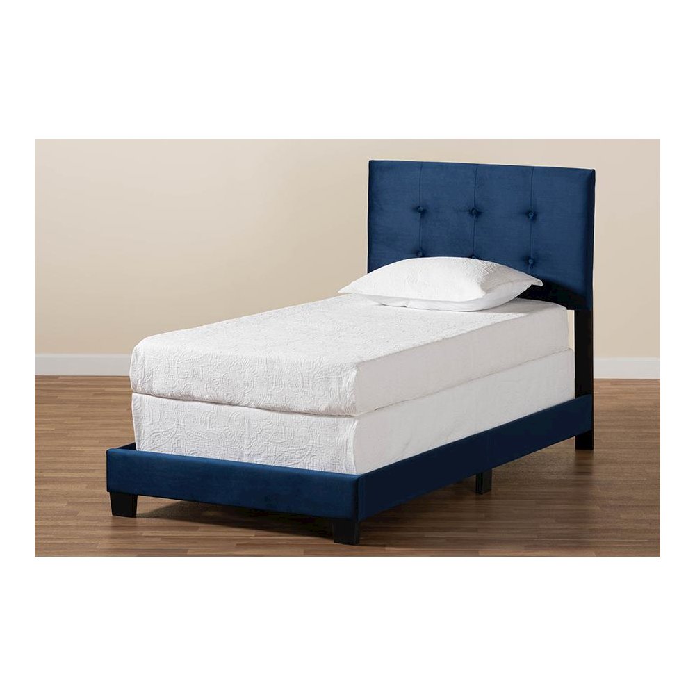 Glam Navy Blue Velvet Fabric Upholstered Twin Size Panel Bed
