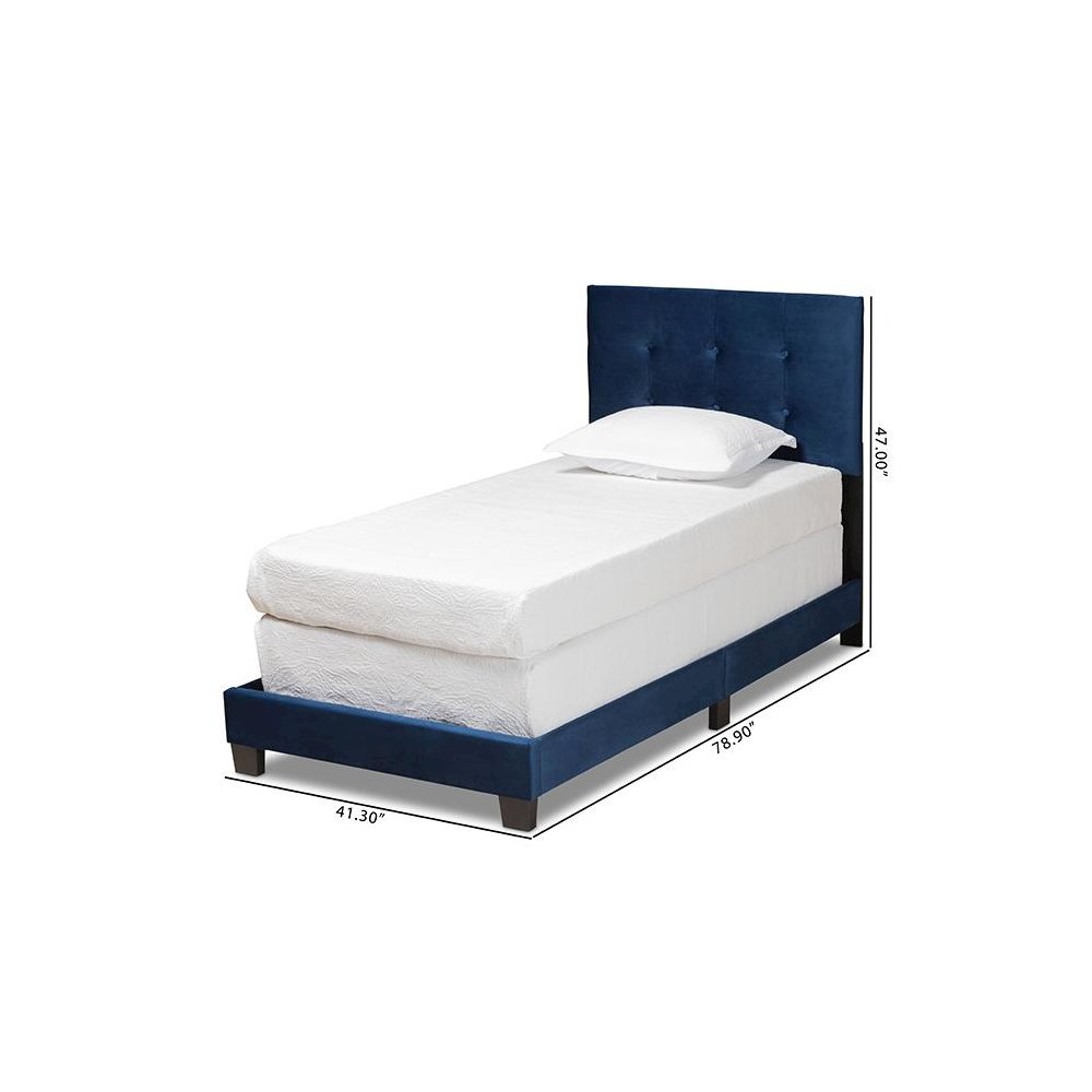 Glam Navy Blue Velvet Fabric Upholstered Twin Size Panel Bed