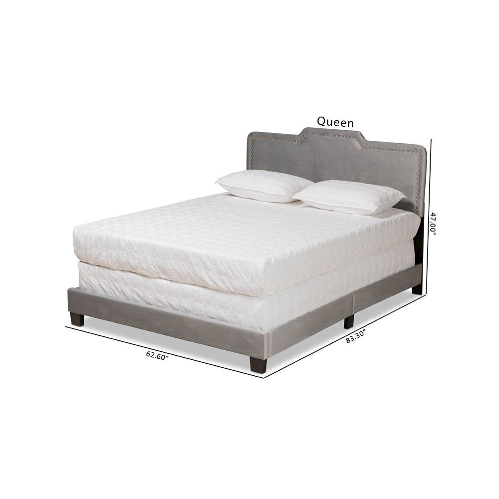 Glam Grey Velvet Fabric Upholstered Queen Size Panel Bed